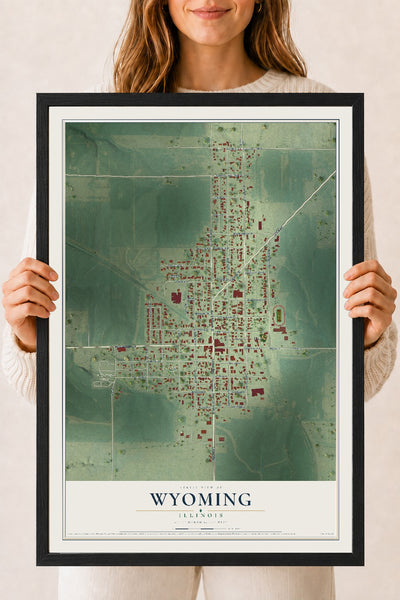 Map of Wyoming, Illinois, 18 x 24 inch print in a black wood frame