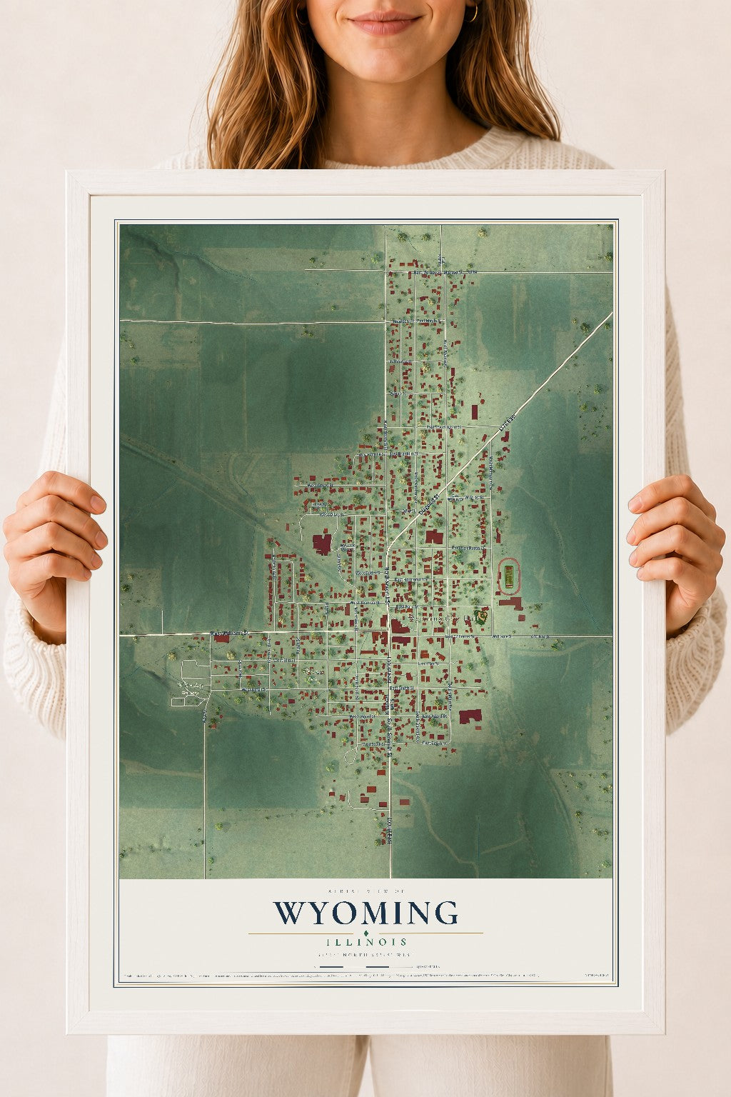 Map of Wyoming, Illinois, 18 x 24 inch print in a white wood frame
