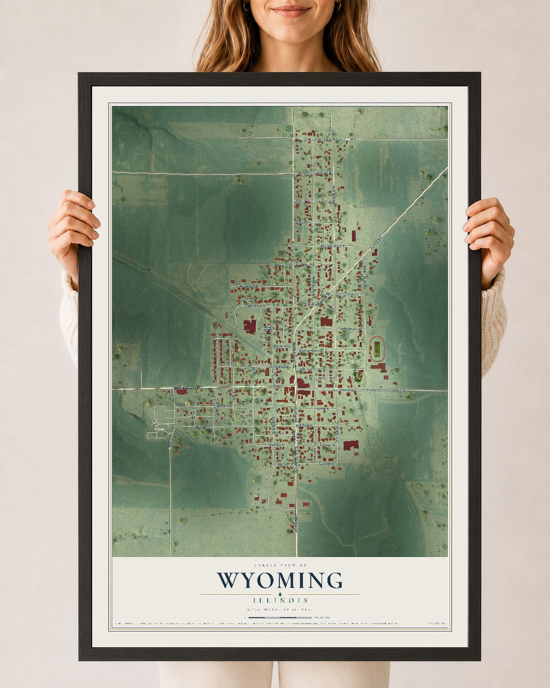 Map of Wyoming, Illinois, 24 x 36 inch print in a black wood frame