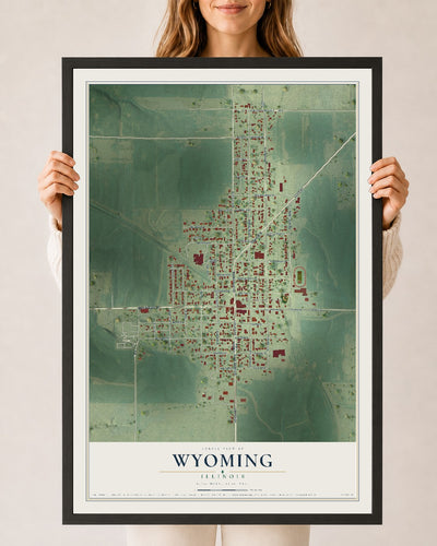 Map of Wyoming, Illinois, 24 x 36 inch print in a black wood frame