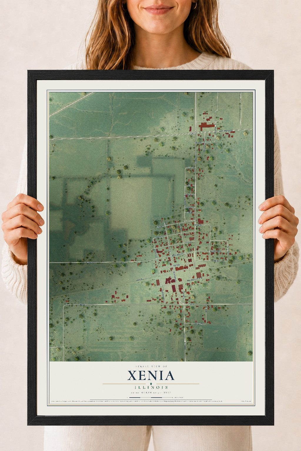 Map of Xenia, Illinois, 18 x 24 inch print in a black wood frame