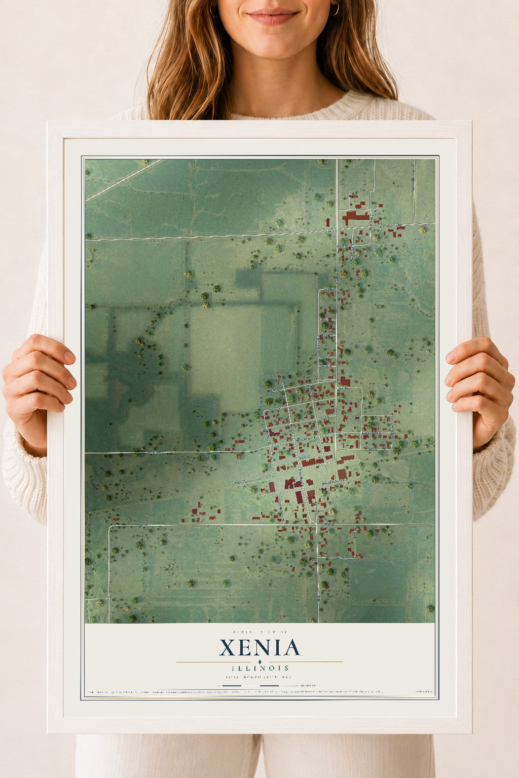 Map of Xenia, Illinois, 18 x 24 inch print in a white wood frame
