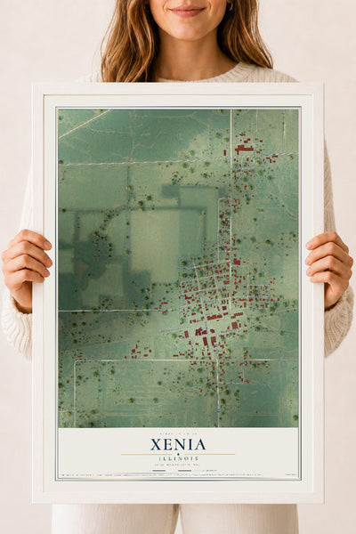 Map of Xenia, Illinois, 18 x 24 inch print in a white wood frame