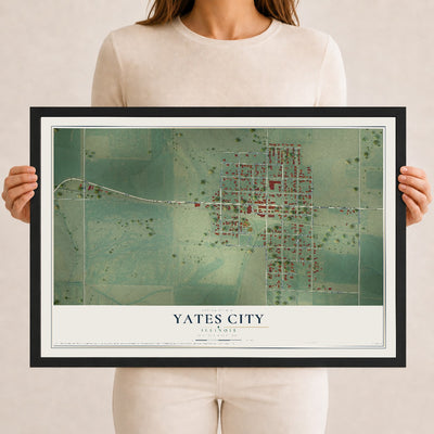 Map of Yates City, Illinois, 12 x 18 inch print in a black wood frame