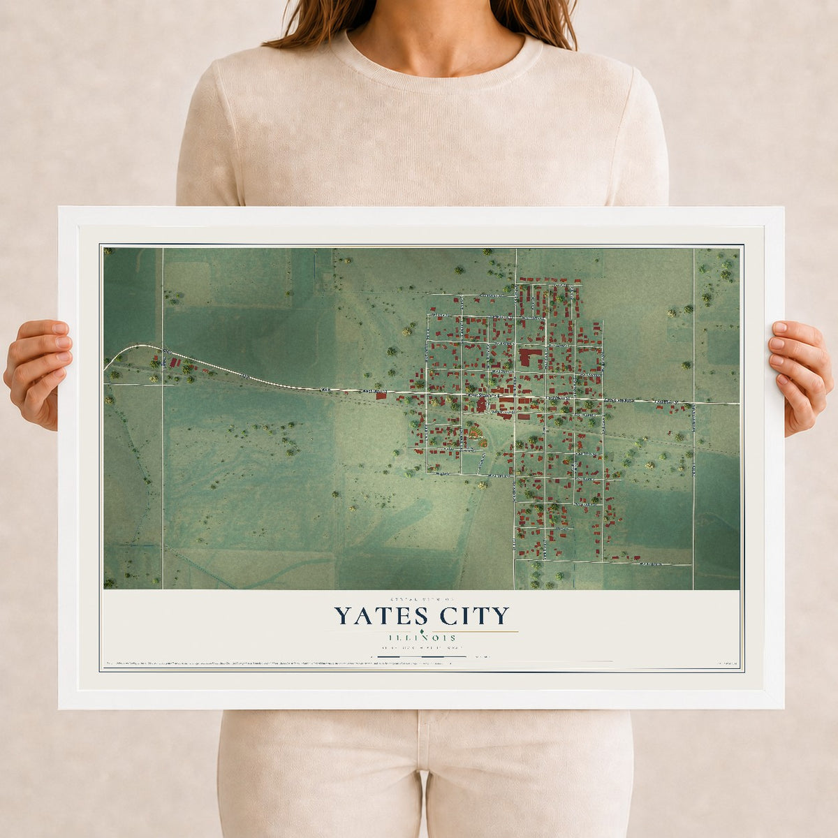 Map of Yates City, Illinois, 12 x 18 inch print in a white wood frame