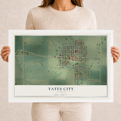 Map of Yates City, Illinois, 12 x 18 inch print in a white wood frame