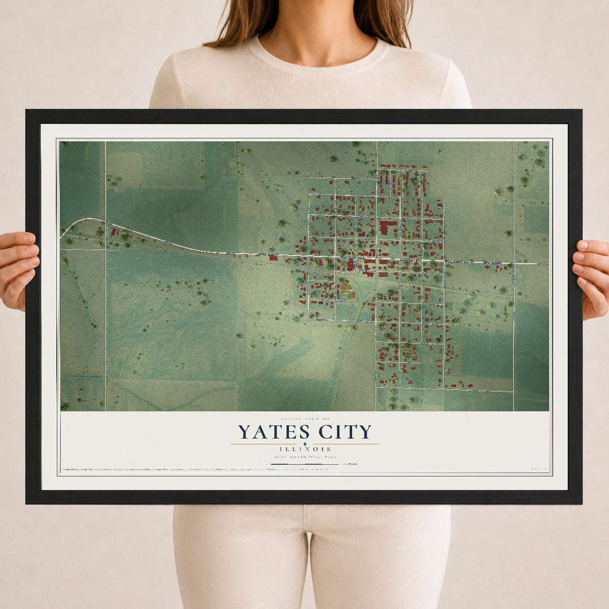 Map of Yates City, Illinois, 18 x 24 inch print in a black wood frame