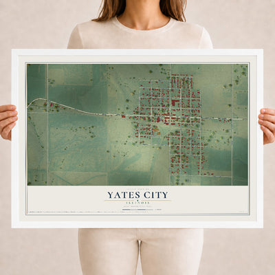 Map of Yates City, Illinois, 18 x 24 inch print in a white wood frame