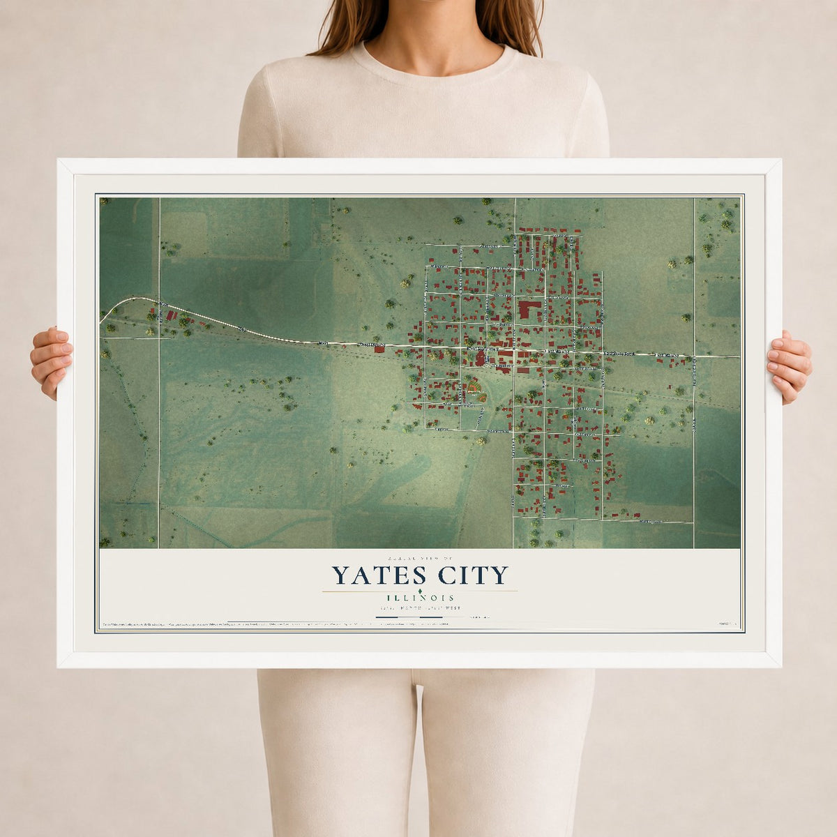 Map of Yates City, Illinois, 24 x 36 inch print in a white wood frame