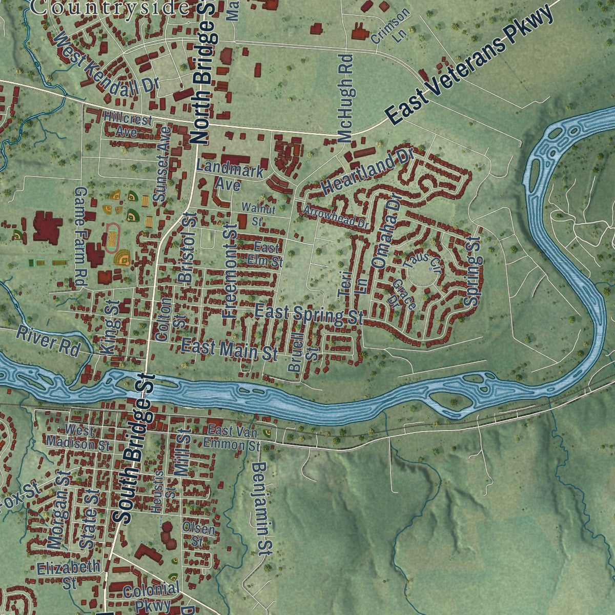 Close-up of the map of Yorkville, Illinois print showing street and building detail