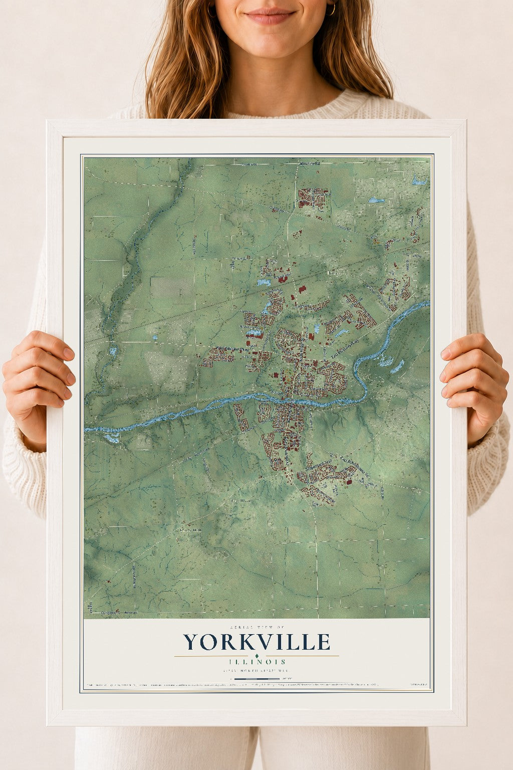 Map of Yorkville, Illinois, 18 x 24 inch print in a white wood frame