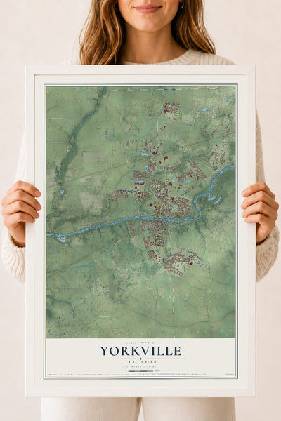 Map of Yorkville, Illinois, 18 x 24 inch print in a white wood frame
