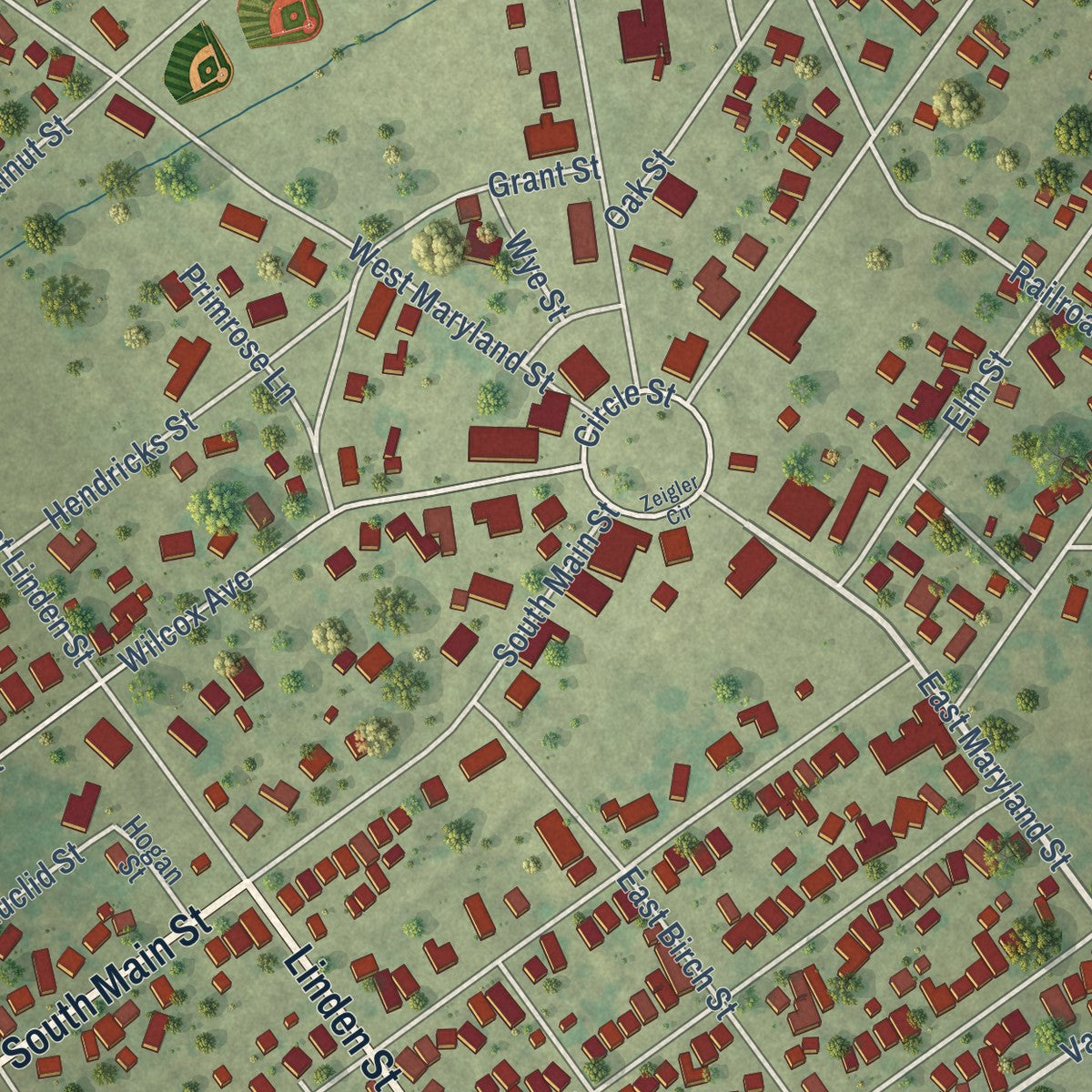 Close-up of the map of Zeigler, Illinois print showing street and building detail