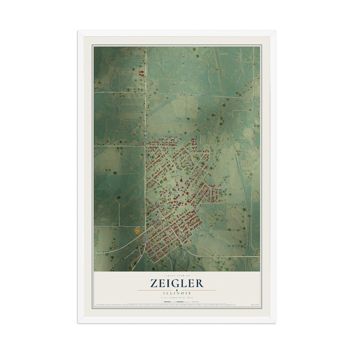 Map of Zeigler, Illinois, 12 x 18 inch print in a white wood frame