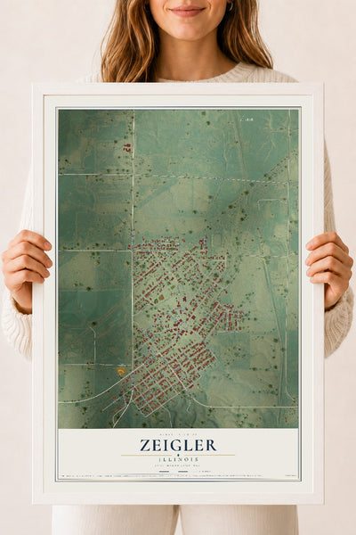 Map of Zeigler, Illinois, 18 x 24 inch print in a white wood frame