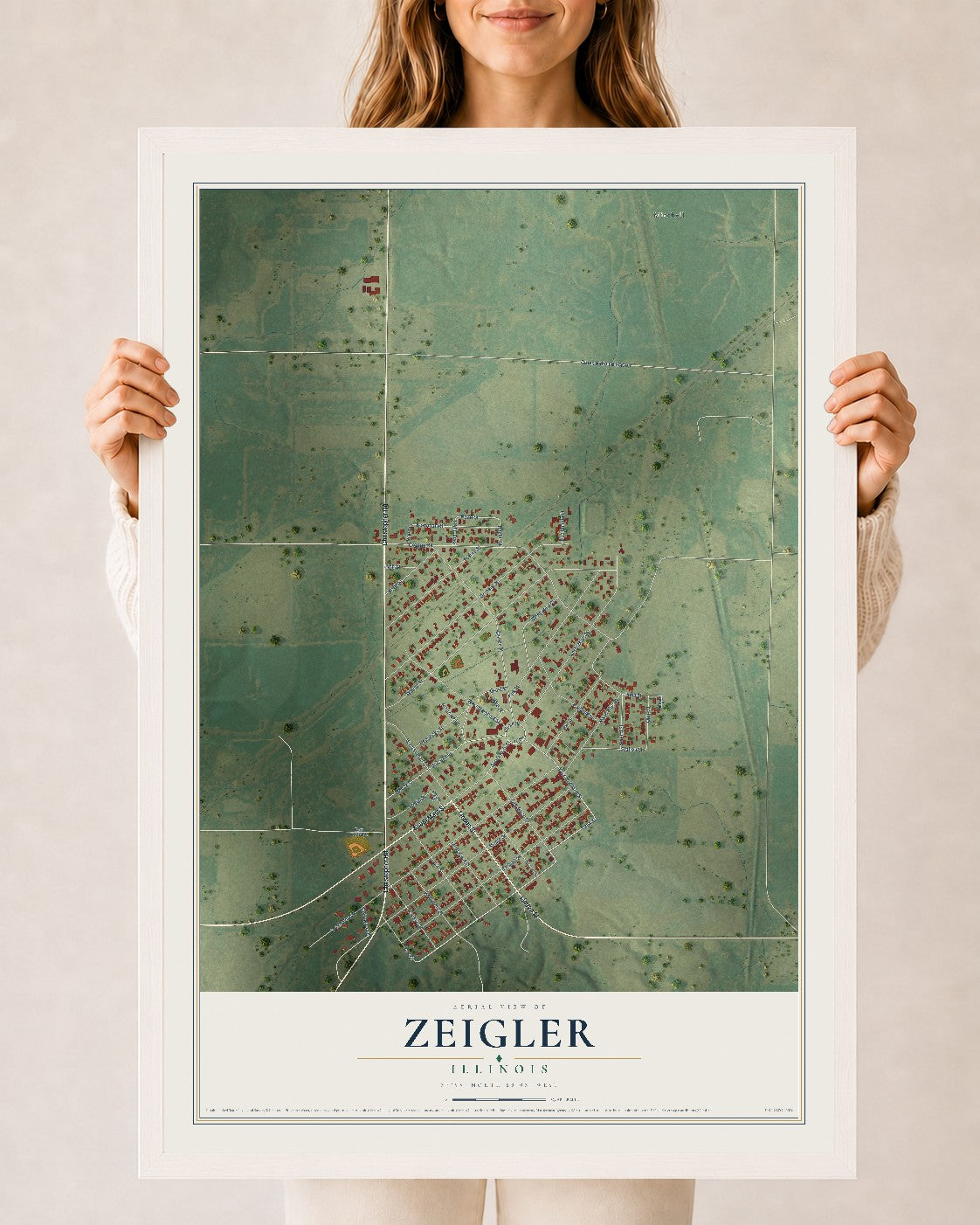 Map of Zeigler, Illinois, 24 x 36 inch print in a white wood frame