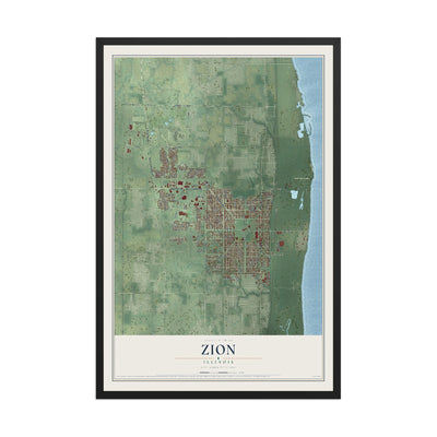Map of Zion, Illinois, 12 x 18 inch print in a black wood frame