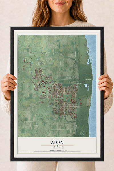 Map of Zion, Illinois, 18 x 24 inch print in a black wood frame