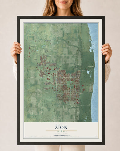 Map of Zion, Illinois, 24 x 36 inch print in a black wood frame