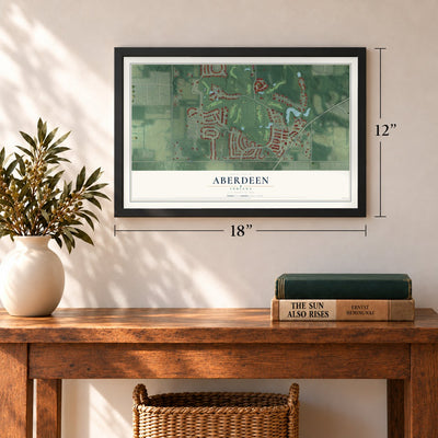 Aberdeen, Indiana map, 12 x 18 inch print in a black frame in an entryway