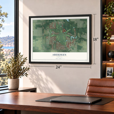 Aberdeen, Indiana map, 18 x 24 inch print in a black frame in a home office