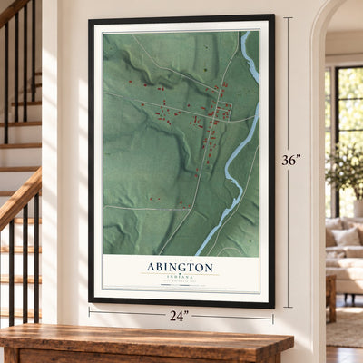 Abington, Indiana map, 24 x 36 inch print in a black frame by a staircase