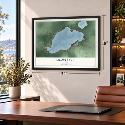 Adams Lake, Indiana map, 18 x 24 inch print in a black frame in a home office