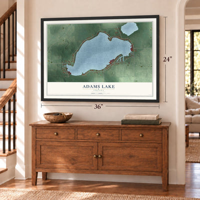 Adams Lake, Indiana map, 24 x 36 inch print in a black frame above a dresser by a staircase