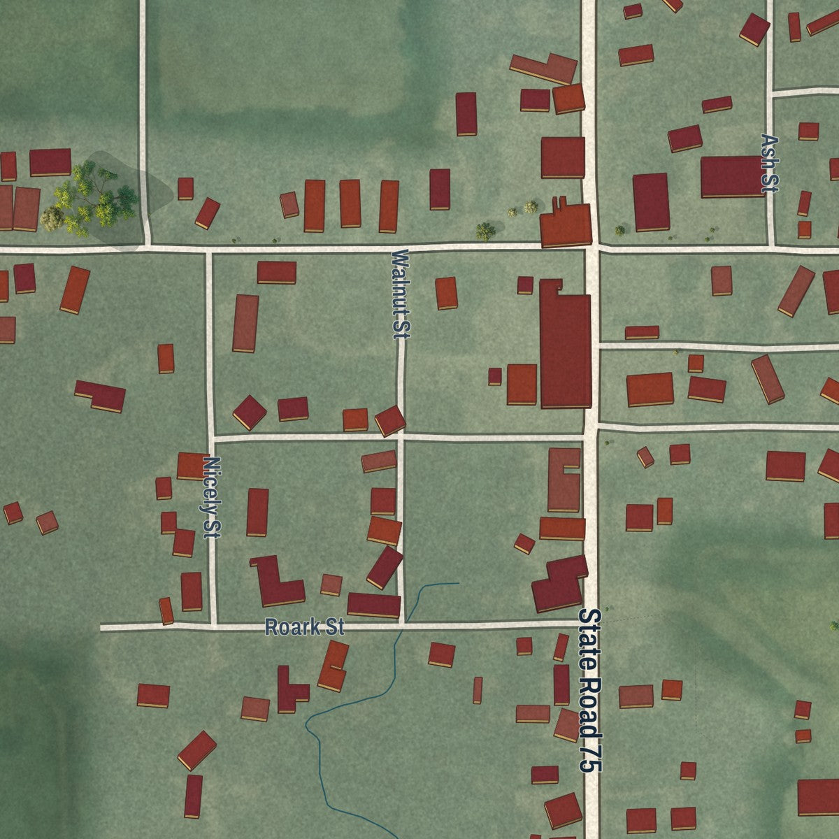 Close-up of the map of Advance, Indiana print showing street and building detail