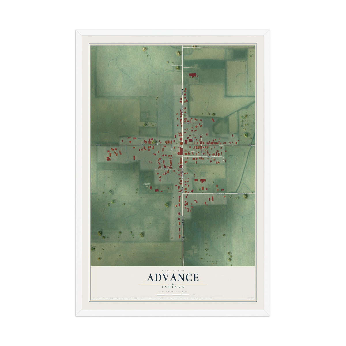 Map of Advance, Indiana, 12 x 18 inch print in a white wood frame