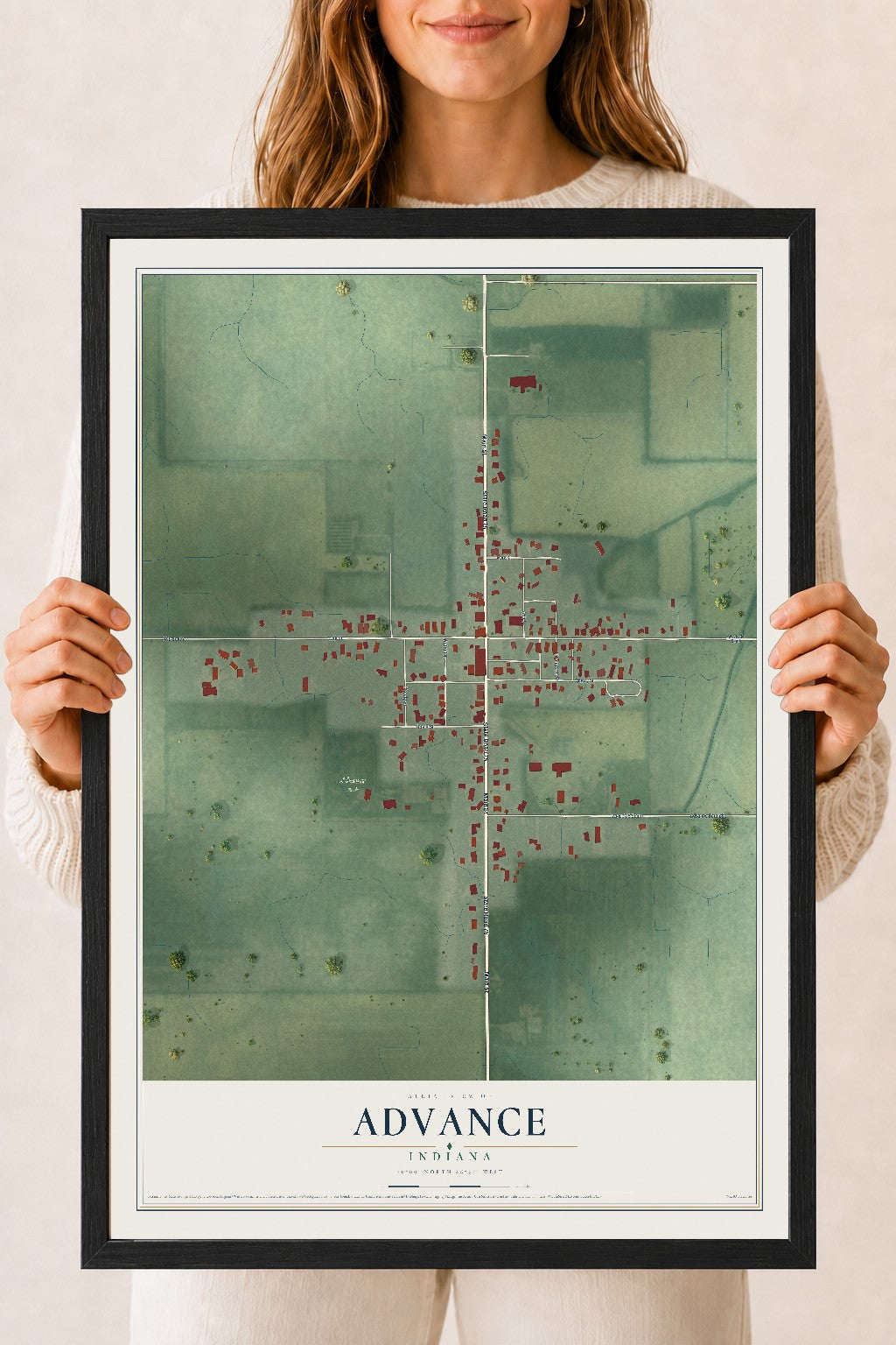 Map of Advance, Indiana, 18 x 24 inch print in a black wood frame