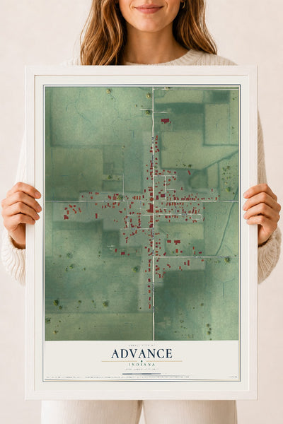 Map of Advance, Indiana, 18 x 24 inch print in a white wood frame