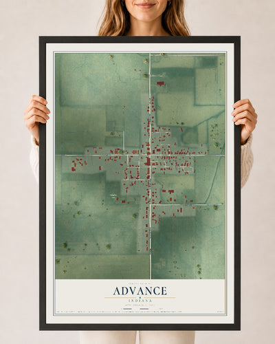 Map of Advance, Indiana, 24 x 36 inch print in a black wood frame
