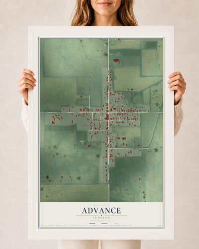 Map of Advance, Indiana, 24 x 36 inch print in a white wood frame