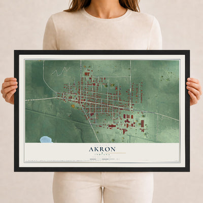 Map of Akron, Indiana, 12 x 18 inch print in a black wood frame