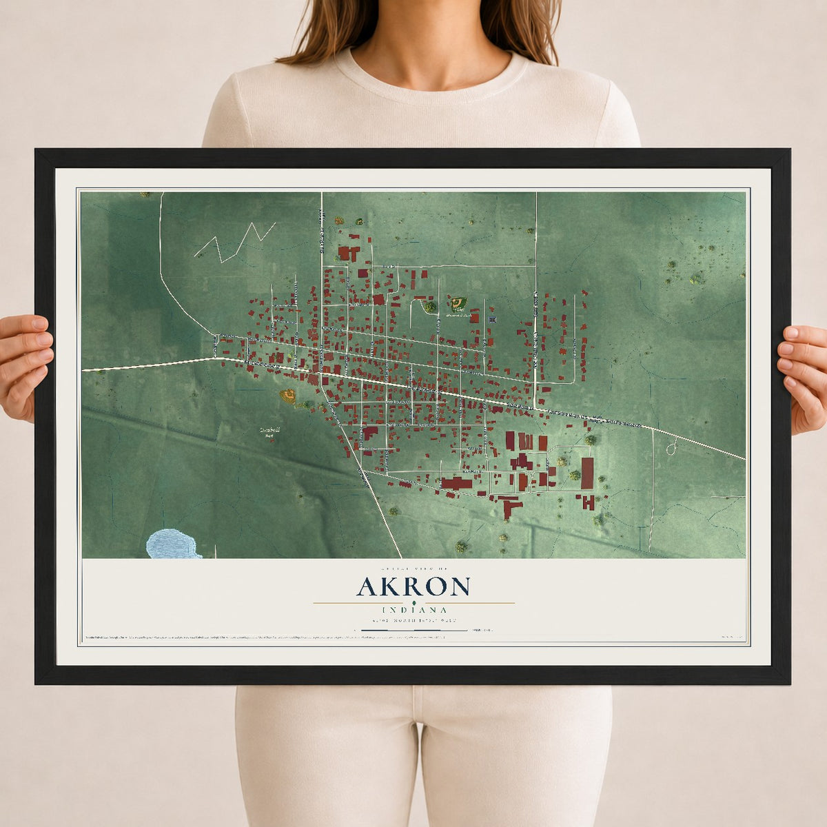 Map of Akron, Indiana, 18 x 24 inch print in a black wood frame