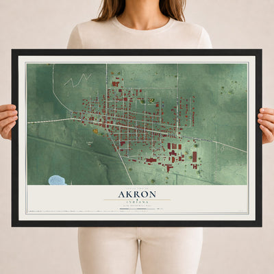 Map of Akron, Indiana, 18 x 24 inch print in a black wood frame