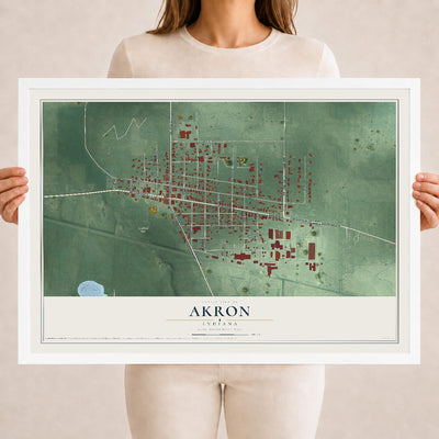 Map of Akron, Indiana, 18 x 24 inch print in a white wood frame