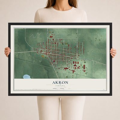 Map of Akron, Indiana, 24 x 36 inch print in a black wood frame