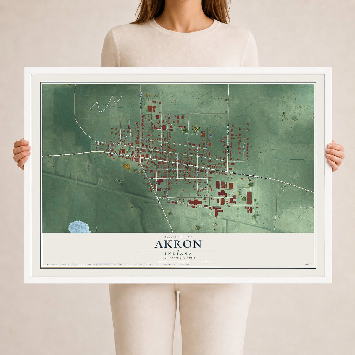 Map of Akron, Indiana, 24 x 36 inch print in a white wood frame