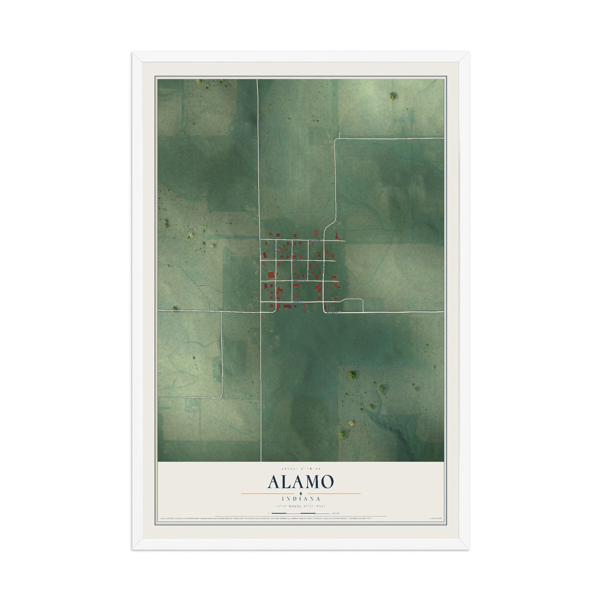 Map of Alamo, Indiana, 12 x 18 inch print in a white wood frame
