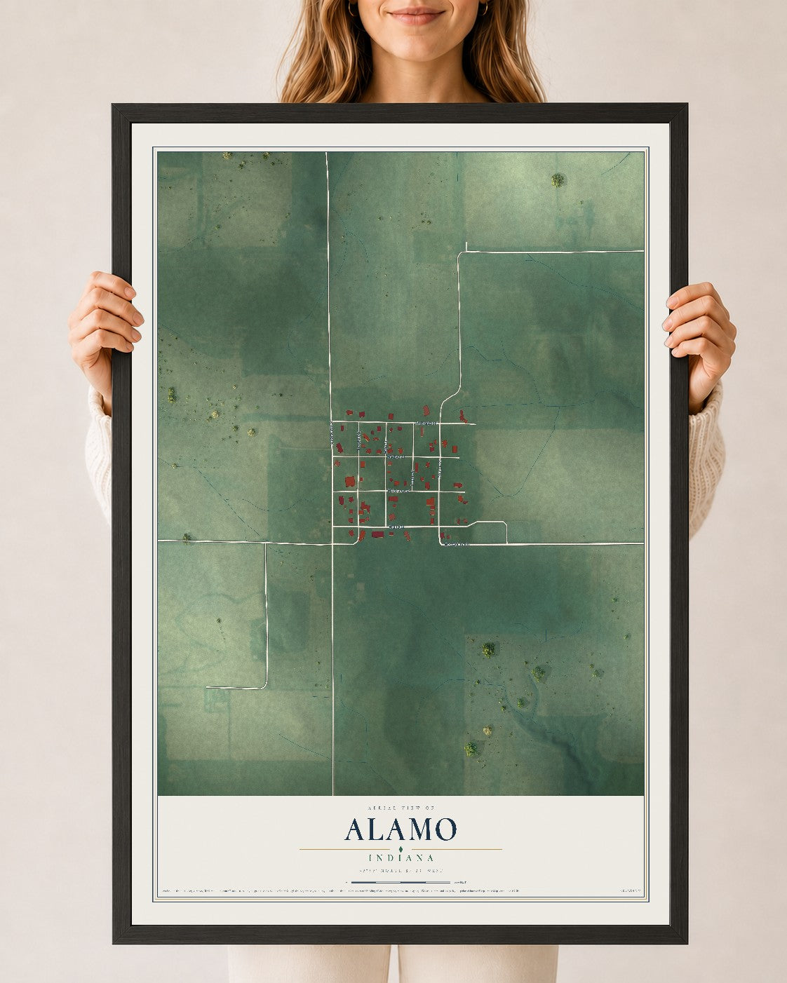 Map of Alamo, Indiana, 24 x 36 inch print in a black wood frame