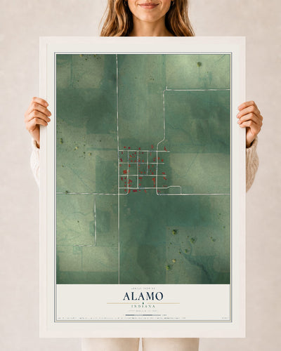 Map of Alamo, Indiana, 24 x 36 inch print in a white wood frame