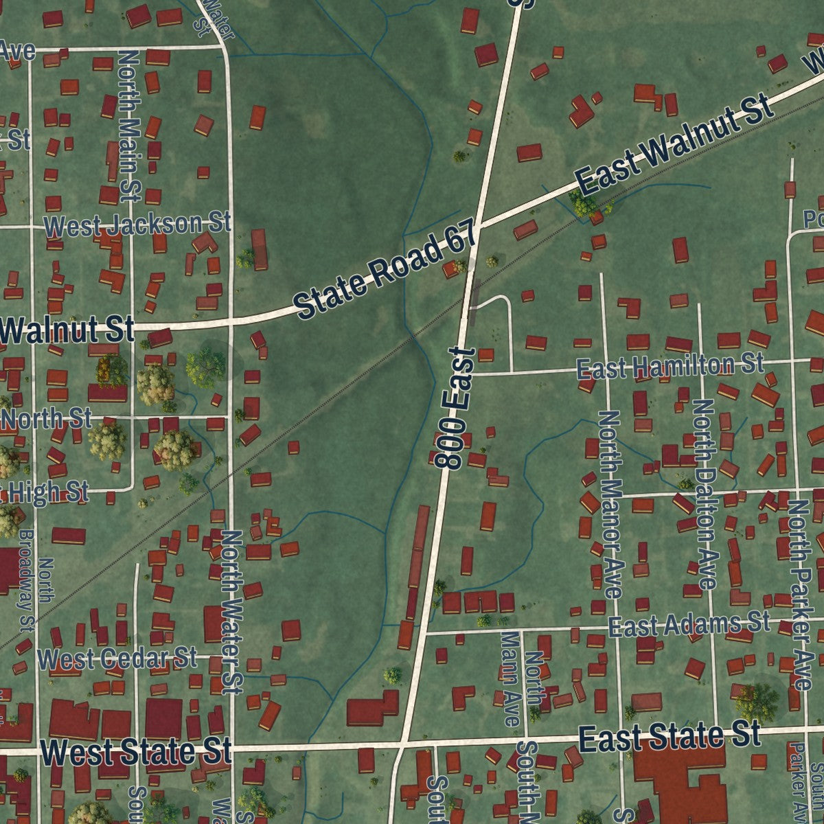 Close-up of the map of Albany, Indiana print showing street and building detail