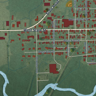 Second close-up of the map of Albany, Indiana print showing more streets and buildings