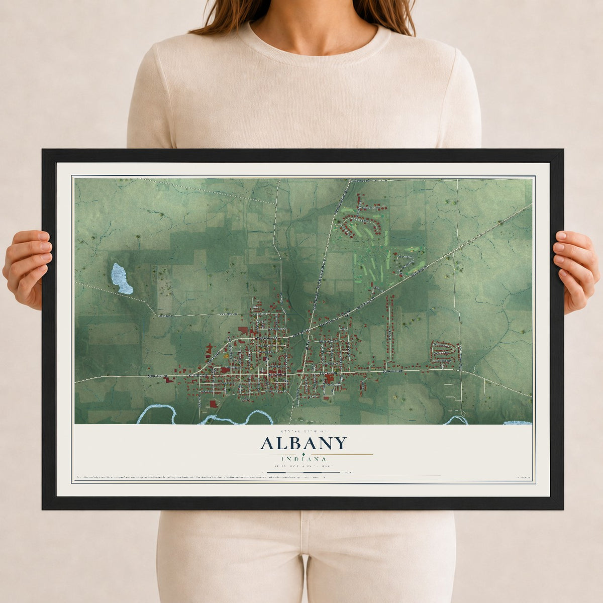 Map of Albany, Indiana, 12 x 18 inch print in a black wood frame