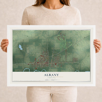 Map of Albany, Indiana, 12 x 18 inch print in a white wood frame