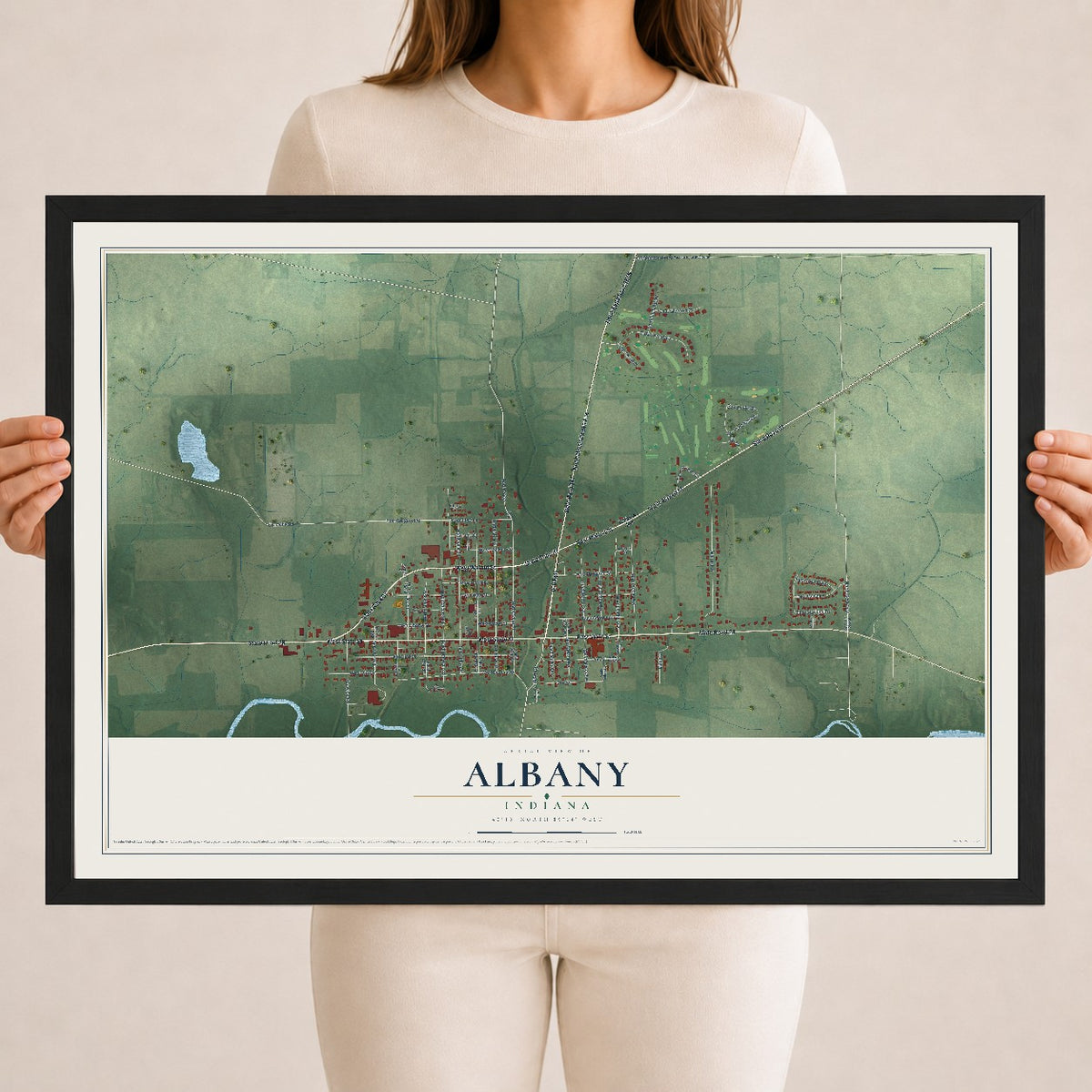 Map of Albany, Indiana, 18 x 24 inch print in a black wood frame