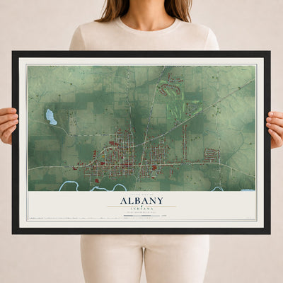 Map of Albany, Indiana, 18 x 24 inch print in a black wood frame