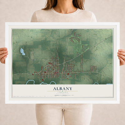 Map of Albany, Indiana, 18 x 24 inch print in a white wood frame